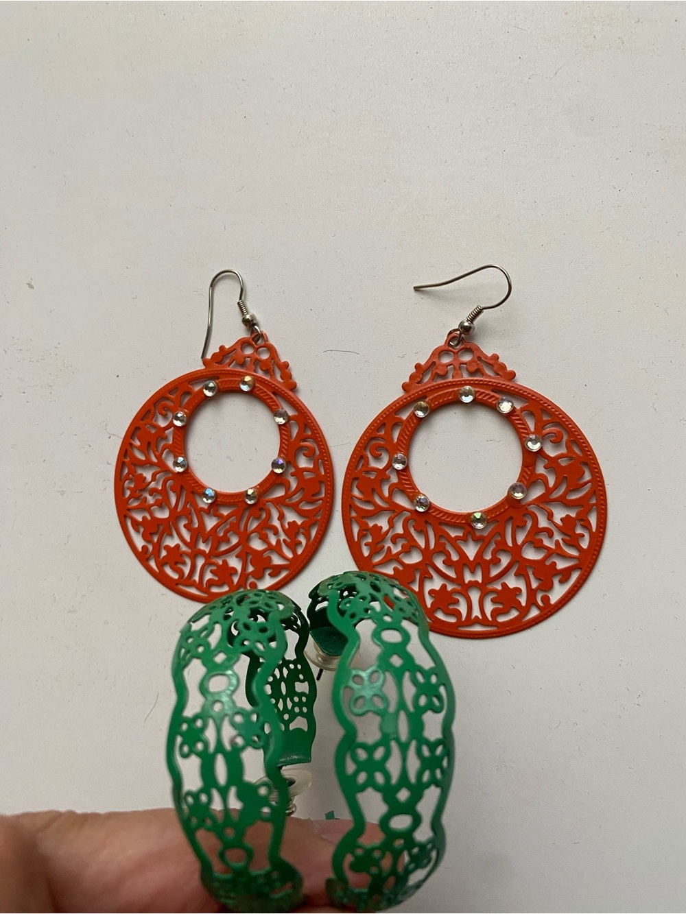 Bold Orange Filigree Hoop Earrings and Green Filigree Hoops Jewelry Bundle